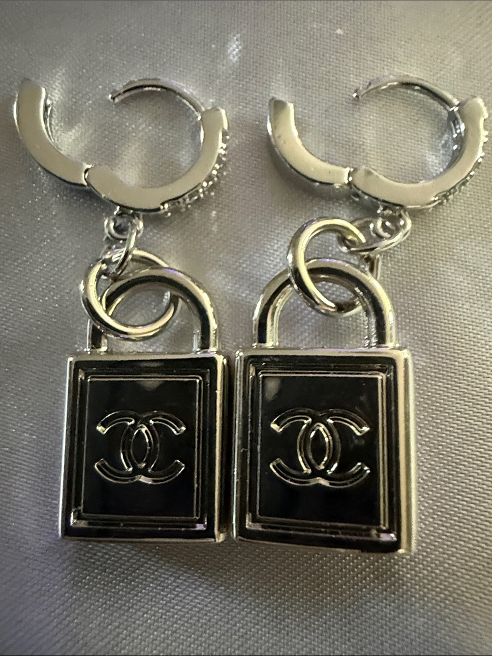 Silver Padlock Drop Earrings with Crystal-Accented Hoops - Picture 5 of 8